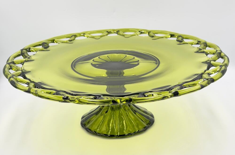 1950s Pitman-Drietzer Glass Avocado Green Cake Stand "Colony Lace" 14" Plate
